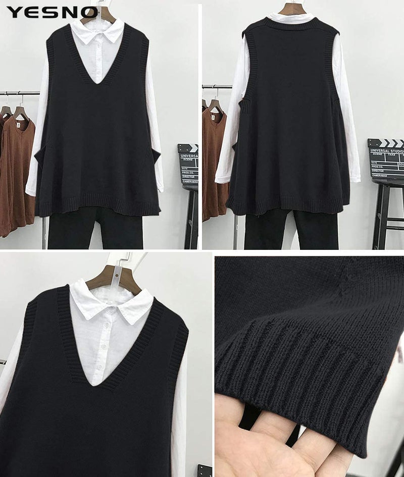 YESNO Sweater Vest Women Loose Swing Cotton Cute Oversized Knit Pullover Sleeveless Sweater Tops with Drop Pockets L WM9 Black - Image 4